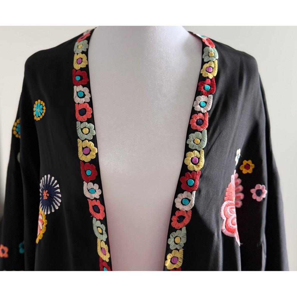 Natori Black Embroidered Kimono Jacket Floral Open Front Boho Statement XL - Picture 10 of 16